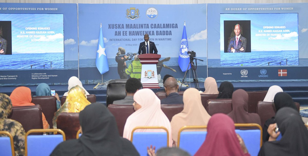 MFBESomalia's tweet photo. Minister @AhmedHasanAden, Opened in partnership with the Ministry @MOP_Somali and with support from @MFamily_HRD, @UNTMIS_, @UNODC_MCP and @DKinSomalia, hosted a commemorative event for International #WomenInMaritimeDay to support the achievements of Somali women in Maritime. https://t.co/MDPd0EBqZa