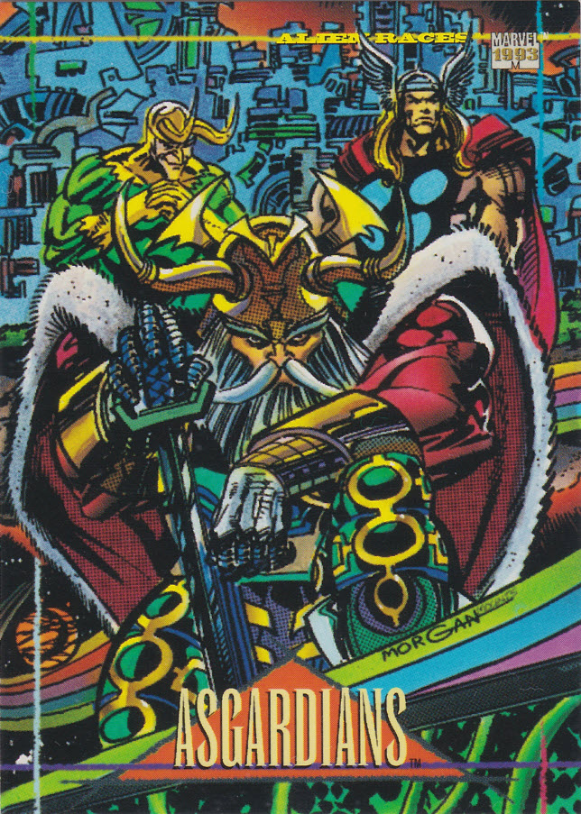AustinGorton's tweet photo. Card 122: Asgardians

An intensely busy card, which actually works to its advantage, making it feel full &amp; intricate.

Love that 1/3 of the Warriors Three gets called out.

#TradingCardADay #MU4 #AlienRaces #TomMorgan #Asgardians #Thor https://t.co/wOUbM3PziW