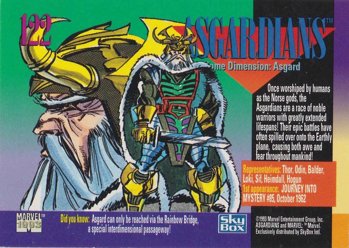 AustinGorton's tweet photo. Card 122: Asgardians

An intensely busy card, which actually works to its advantage, making it feel full &amp; intricate.

Love that 1/3 of the Warriors Three gets called out.

#TradingCardADay #MU4 #AlienRaces #TomMorgan #Asgardians #Thor https://t.co/wOUbM3PziW