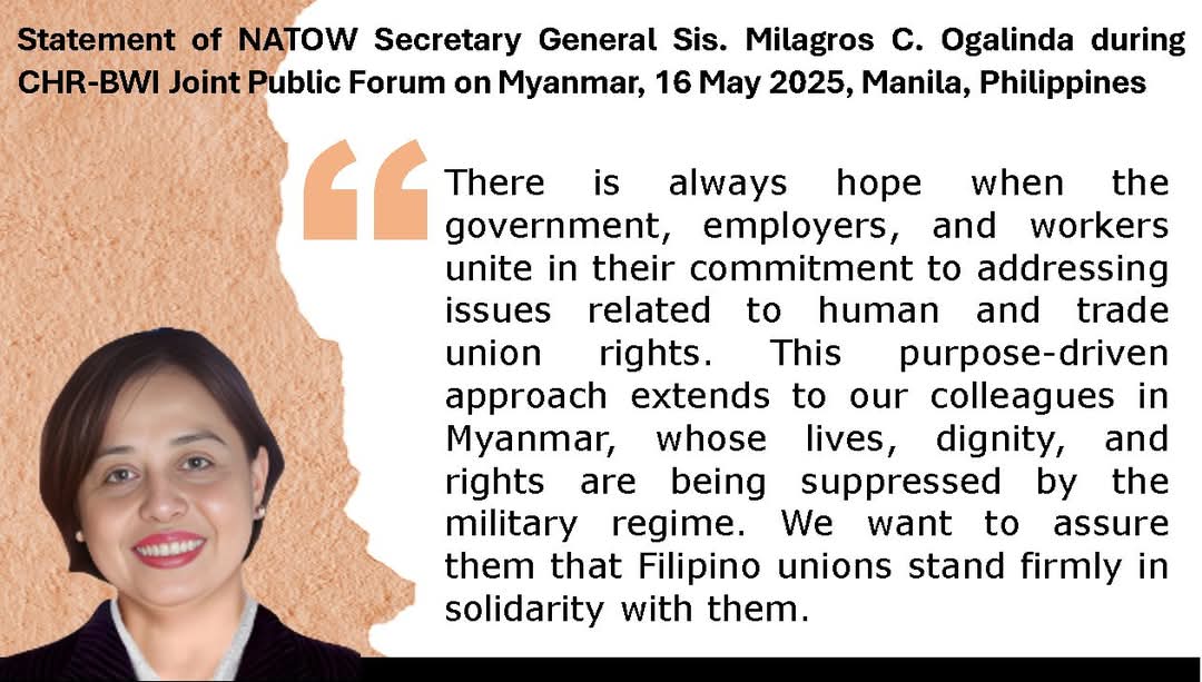 smp_ei's tweet photo. PH trade unions, @eduint affiliates unite for #Myanmar at Joint Forum

NATOW leaders participated in a pivotal forum in Manila to strengthen support for labor rights, humanitarian aid, addressing ongoing #HTUR violations and the impact of  March 28 tremor.

#FreeMyanmar https://t.co/xRUqMYT6ar