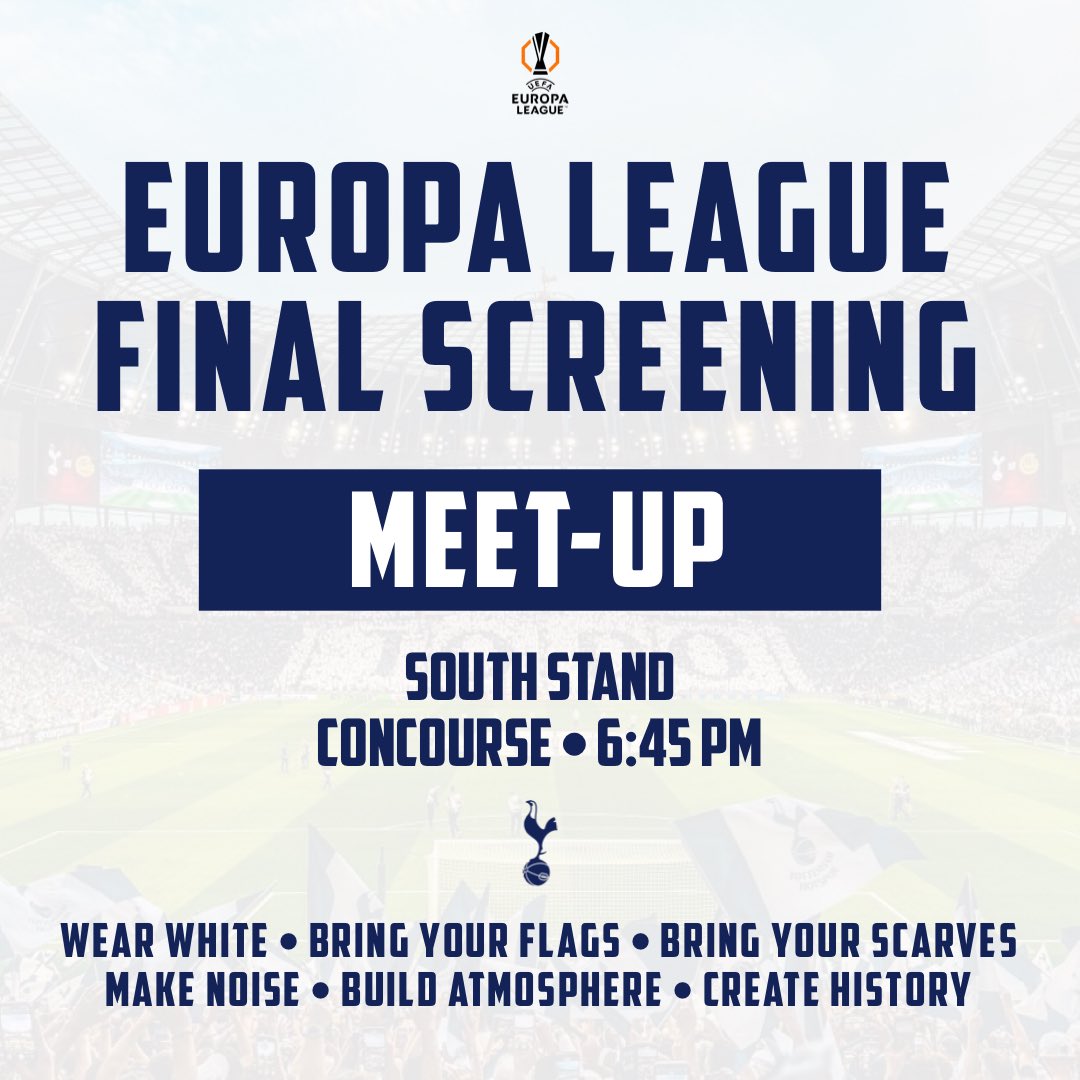 SpursArmyTweets's tweet photo. UEL FINAL CONCOURSE MEET! 🏟️

For those not travelling to Bilbao but are going to the screening, let’s get N17 ROCKING! 🔊

⚪️ Wear white
🏳️ Bring your flags
🧣 Bring your scarves

⏰ 6:45pm
📍 South Stand concourse

Build the atmosphere early on.

Bring the noise, #thfc fans! 🐓 https://t.co/b0XORQ01Vo