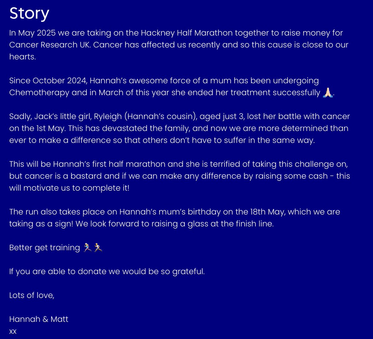 They did it! 
So proud of <a href="/hannahbarnett16/">Hannah</a> &amp; <a href="/pipingxperience/">Matthew McRae</a> completing  #HackneyHalf . 
&amp; they’ve  raised 3K  for <a href="/CR_UK/">Cancer Research UK</a>  🙏🏼  . Well done guys! 🤍