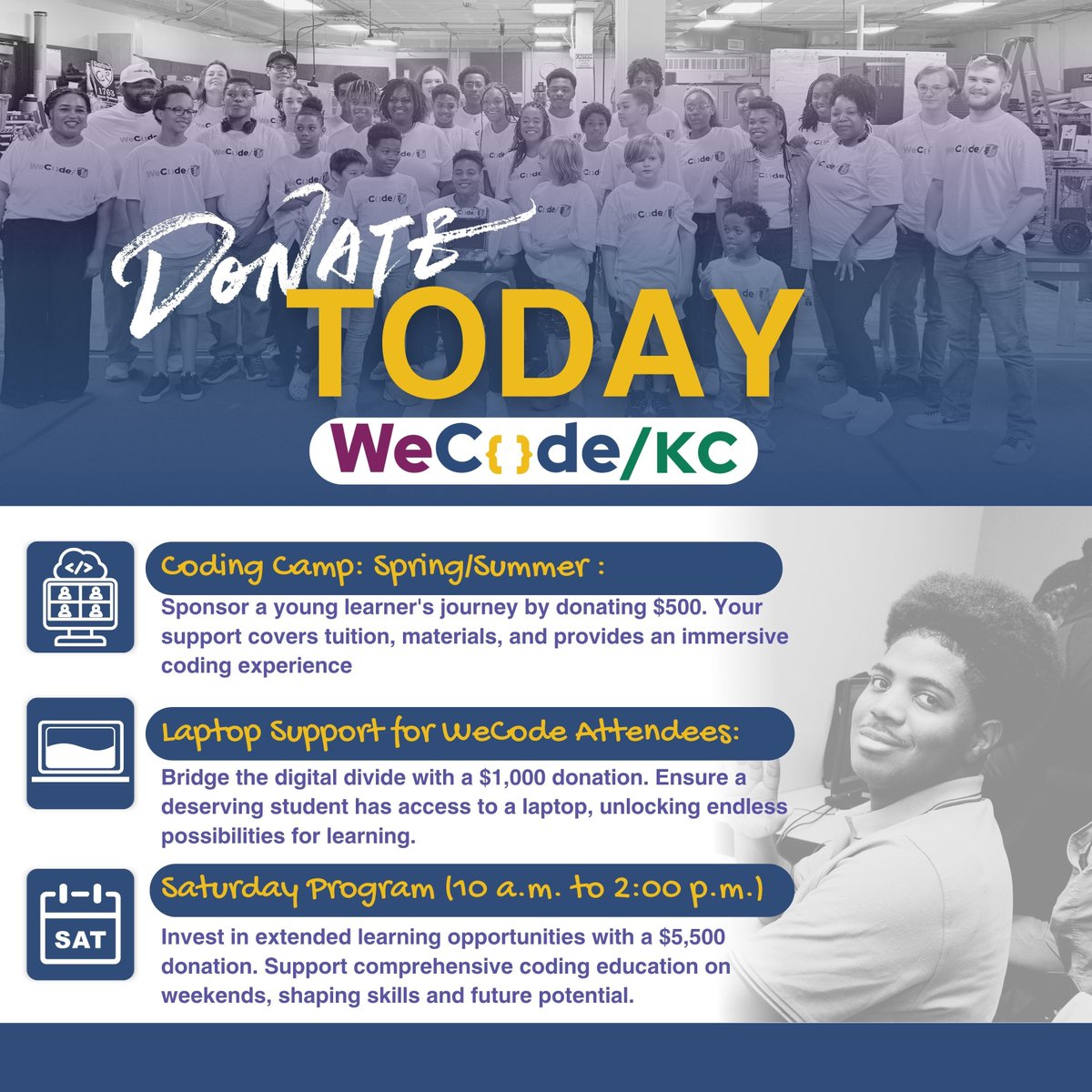 💻 Want to make a real impact? Donate today to support coding camps, laptop access, and weekend programs for KC youth. Every dollar counts. Give now at wecodekc.org. #WeCodeKC #Donate #SupportYouth