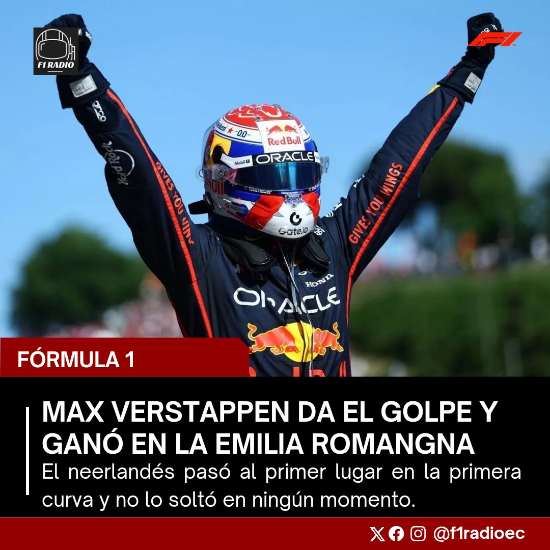 f1radioec's tweet photo. #MaxVerstappen ganó la carrera del #EmiliaRomagnaGP en Italia luego de superar a los McLaren que partían como favoritos. El tetracampeón superó en la salida a #OscarPiastri y no soltó el primer puesto en ningún momento. https://t.co/l7DWbaUsWE