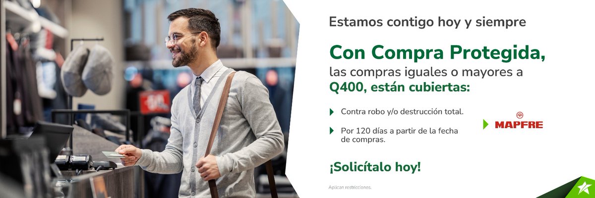 ¡Estamos contigo hoy y siempre! 🛡️💙
  
Con Compra Protegida, tus compras mayores a Q400 están cubiertas contra robos o daños.

¿Listo para comprar con confianza?  

#CompraSegura #Tranquilidad #ProtecciónDeCompras #SinPreocupaciones #ViveProtegido