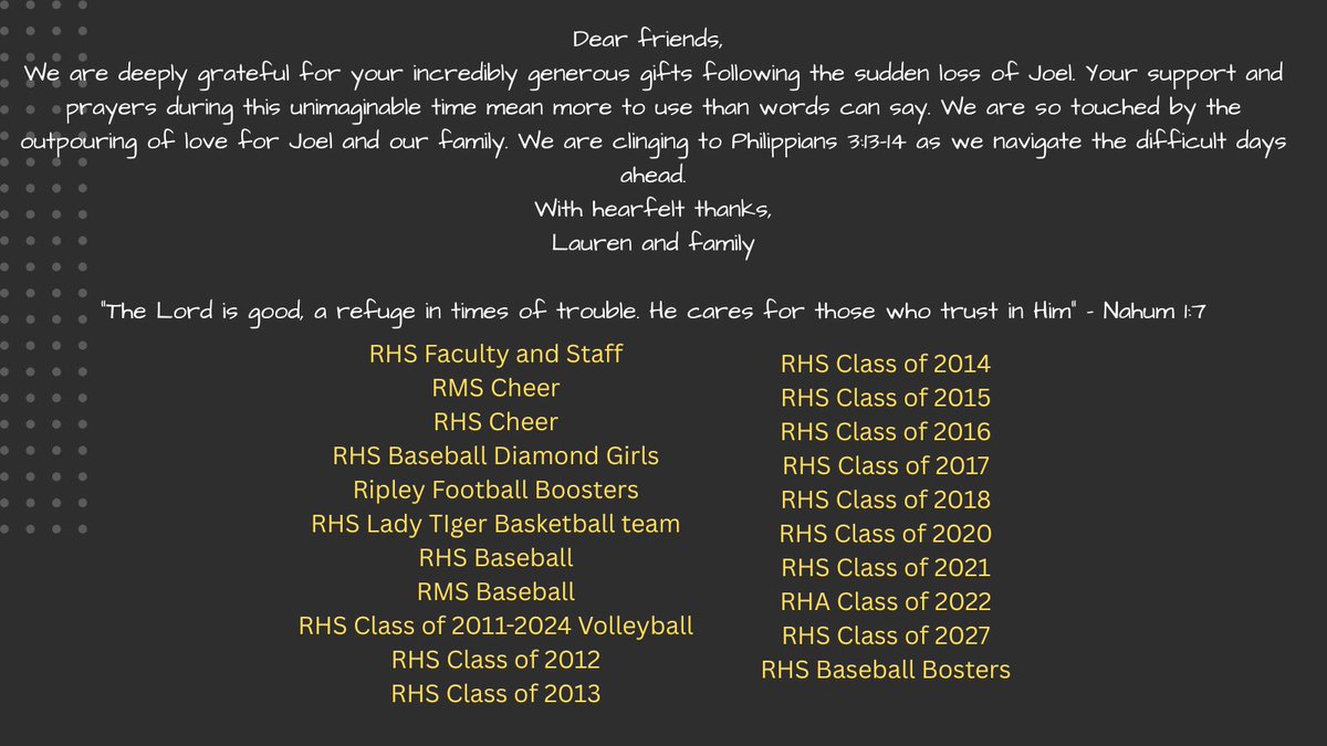 Coach Gafford's wife, Lauren, and his family sent this thank you note to all of the RHS groups that have supported them during this difficult time.