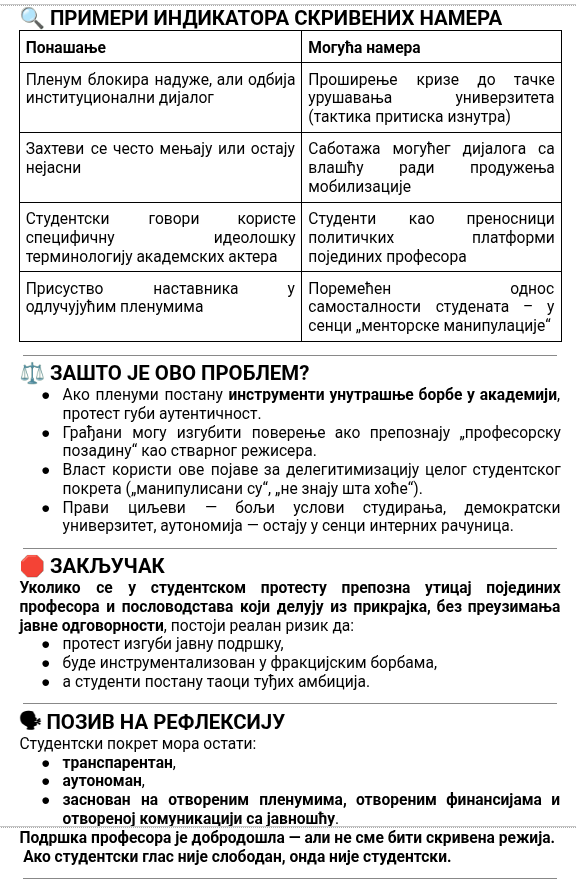 На примеру студентског протеста у Србији током последњих 6 месеци (новембар 2024 – мај 2025), могуће је сагледати и потенцијалне скривене намере актера из редова студентских пленума, нарочито уколико се посматрају у контексту њихових повезаности са појединим професорима, деканима