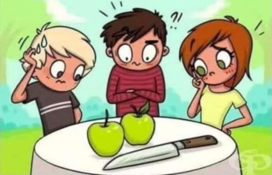 InterestingSTEM's tweet photo. Only 6% of people can handle this puzzle: These 3 want to share two apples equally, how you handle this with using only one stroke of the knife. https://t.co/1ErCFcR9tn