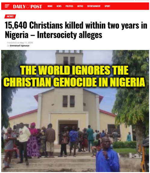 SandraXFreedom's tweet image. The UN and the west are too busy criticizing Israel to turn their attention to the real genocide in Nigeria:

The rights group claimed that in two years of Tinubu presidency, “Estimated 15,640 Christians killed by Jihadists on average of 7,820 deaths per year, 650 per month, 22…