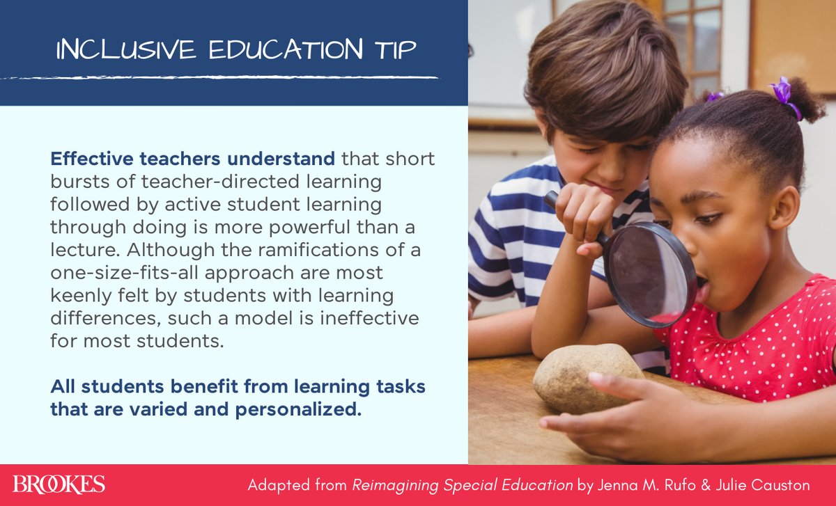 BrookesPubCo's tweet image. The one-size-fits-all approach to instruction is ineffective for all students, not just those with learning differences. (See more on promoting equitable education in this book: ecs.page.link/cYU6C) #ActiveLearning #DifferentiatedLearning #UDL #Inclusion #TeachingTips #k12