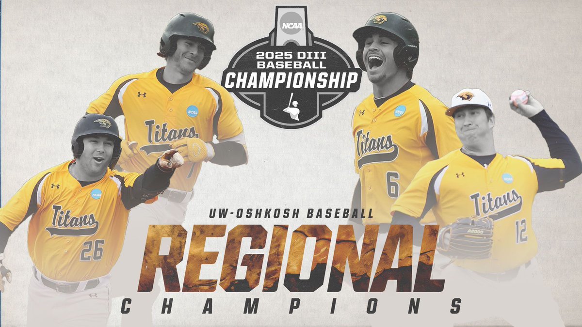 UW-Oshkosh Athletics (@uwoshkoshtitans) on Twitter photo Say hello to your 2025 <a href="/NCAADIII/">NCAA Division III</a> Regional Champion Titans👋
UWO beat Chicago & Gustavus Adolphus to reach their 24th regional championship. The Titans shook off a loss with a 10-2 victory & secured their 18th regional title 🏆
<a href="/UWOBaseball/">UWO Baseball</a> | #GoldStandard | #d3baseball Say hello to your 2025 <a href="/NCAADIII/">NCAA Division III</a> Regional Champion Titans👋
UWO beat Chicago & Gustavus Adolphus to reach their 24th regional championship. The Titans shook off a loss with a 10-2 victory & secured their 18th regional title 🏆
<a href="/UWOBaseball/">UWO Baseball</a> | #GoldStandard | #d3baseball