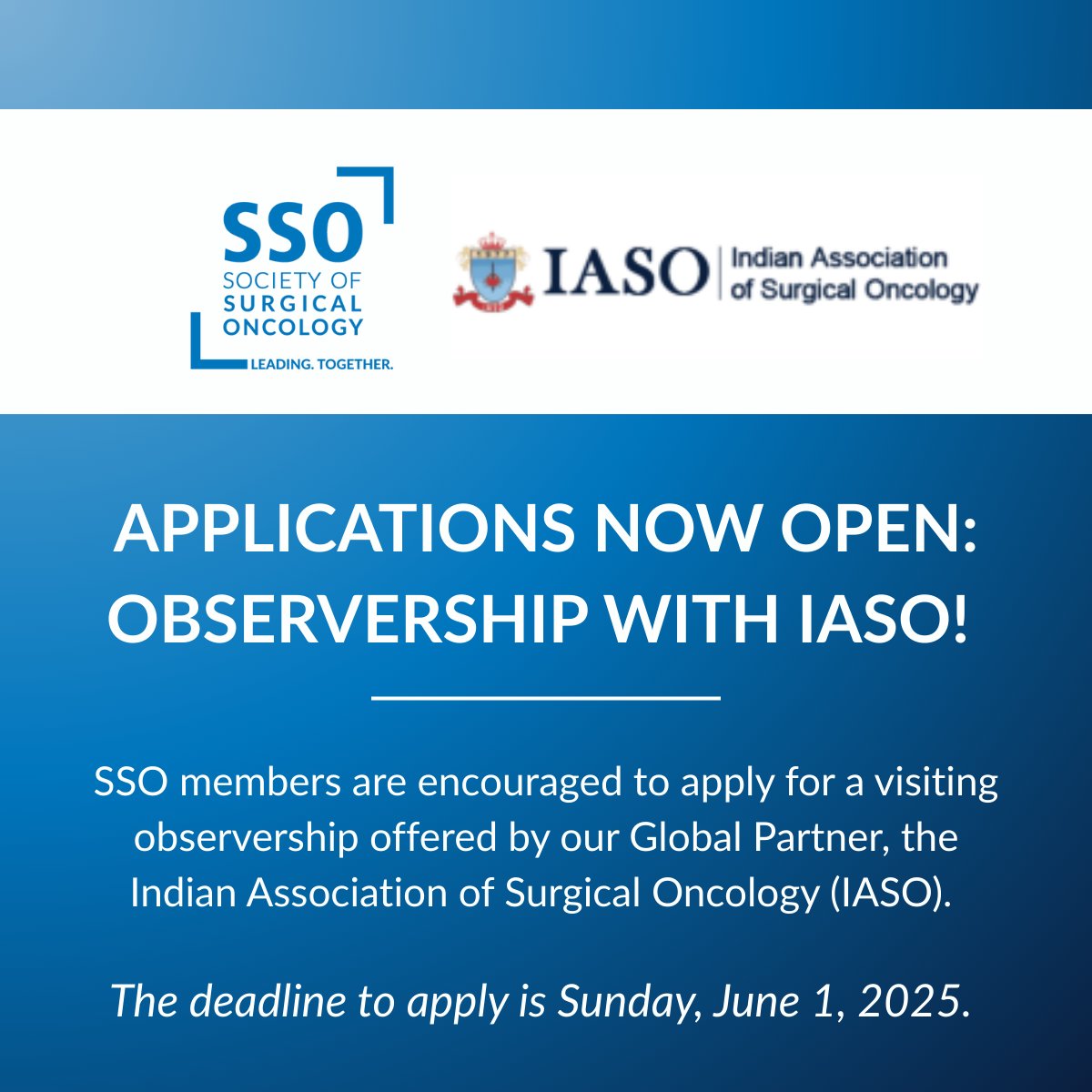 🚨 Applications are now OPEN for the IASO Observership!

SSO members 45 &amp; under can apply for a $3,000 travel stipend, IASO-NATCON registration, and a 1-week observership in India!

🗓️ The deadline to apply is June 1, 2025. ow.ly/b2yi50VTTvF
