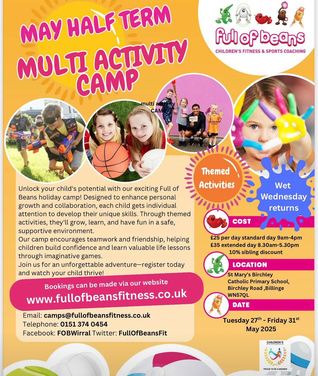 FullOfBeansFit's tweet image. 🎉 May Half Term camps NOW LIVE at Full of Beans! 

Budding athletes, adventurers, &amp;amp; more—action-packed fun awaits! 

🏀🎾🤸⚽️ Spaces limited—book now! 
📍 Pensby Primary, Wirral 
📍 Birchley St Mary’s, St Helen’s 

➡️ bit.ly/43kE09W #holidaycamp #summercamp #fullofbeans