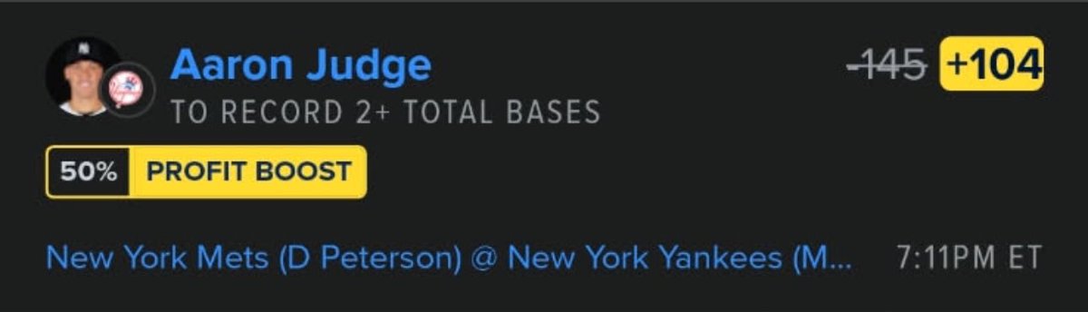Dfs4Everyone's tweet photo. Top Play
Taking 1 unit on Aaron Judge 2+ Total Bases (+104) with the 50% Profit Boost.
Letβs cash this one early.
#MLB #Yankees #AaronJudge #SportsBetting #MLBProp #DingerDay #GamblingTwitter #DFS https://t.co/PnrlC1xtKn