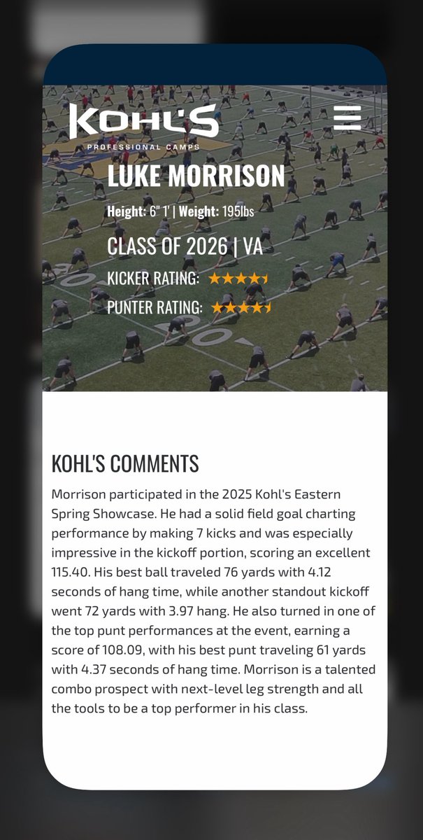 Luke Morrison (@lukemorrison_1) on Twitter photo Honored to be ranked a 4.5 ⭐️kicker and punter through <a href="/KohlsKicking/">Kohl's Kicking Camps</a> after a great Eastern Showcase placing 1st in punt charting and 2nd in kickoff charting.
<a href="/LoudounCountyFB/">Loudoun County Football</a> <a href="/EddieMish22/">Coach Eddie Mish</a> Honored to be ranked a 4.5 ⭐️kicker and punter through <a href="/KohlsKicking/">Kohl's Kicking Camps</a> after a great Eastern Showcase placing 1st in punt charting and 2nd in kickoff charting.
<a href="/LoudounCountyFB/">Loudoun County Football</a> <a href="/EddieMish22/">Coach Eddie Mish</a>