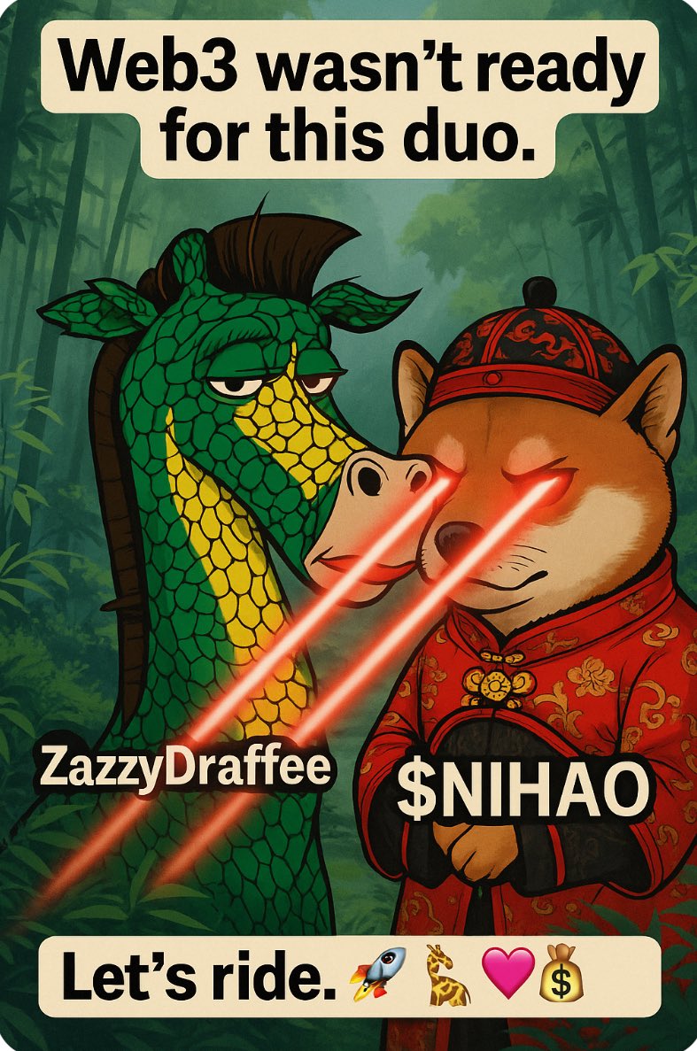 NIHAOCTO2's tweet photo. “Web3 wasn’t ready for this duo 😤💥 $NIHAO bringing the love. @ZazzyDraffee bringing the bags. Together? We’re building a future where good vibes pay dividends. 🦒💖💰 #CTO2 #AI #CryptoFam #COLLAB https://t.co/begRNAcDH0