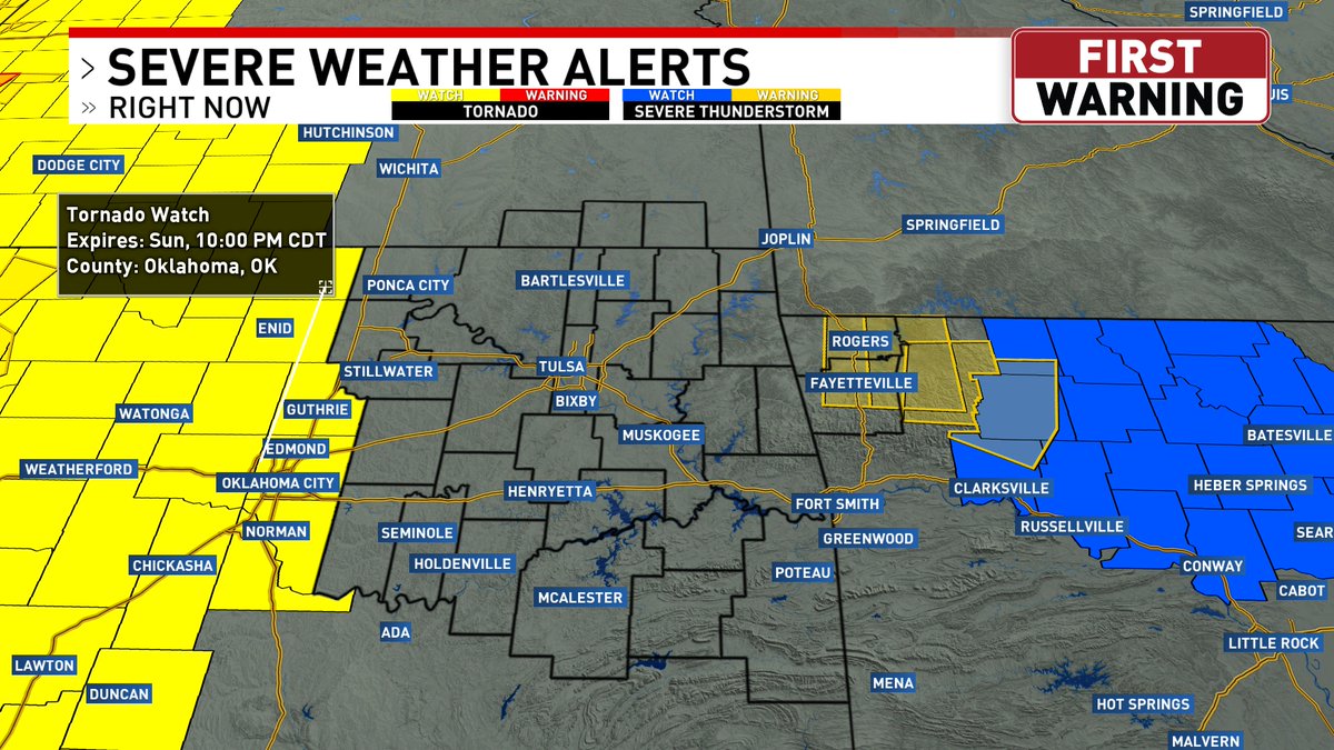 KevinCoskrenTV's tweet photo. Tornado Watch to our west &amp; a T-Storm Watch to our east. There is still some uncertainty as to whether the storms in western OK will still be severe when they reach Green Country. If we do see severe storms this evening, all forms of severe weather are possible! #okwx @KTULNews https://t.co/ik4n3v9DFE