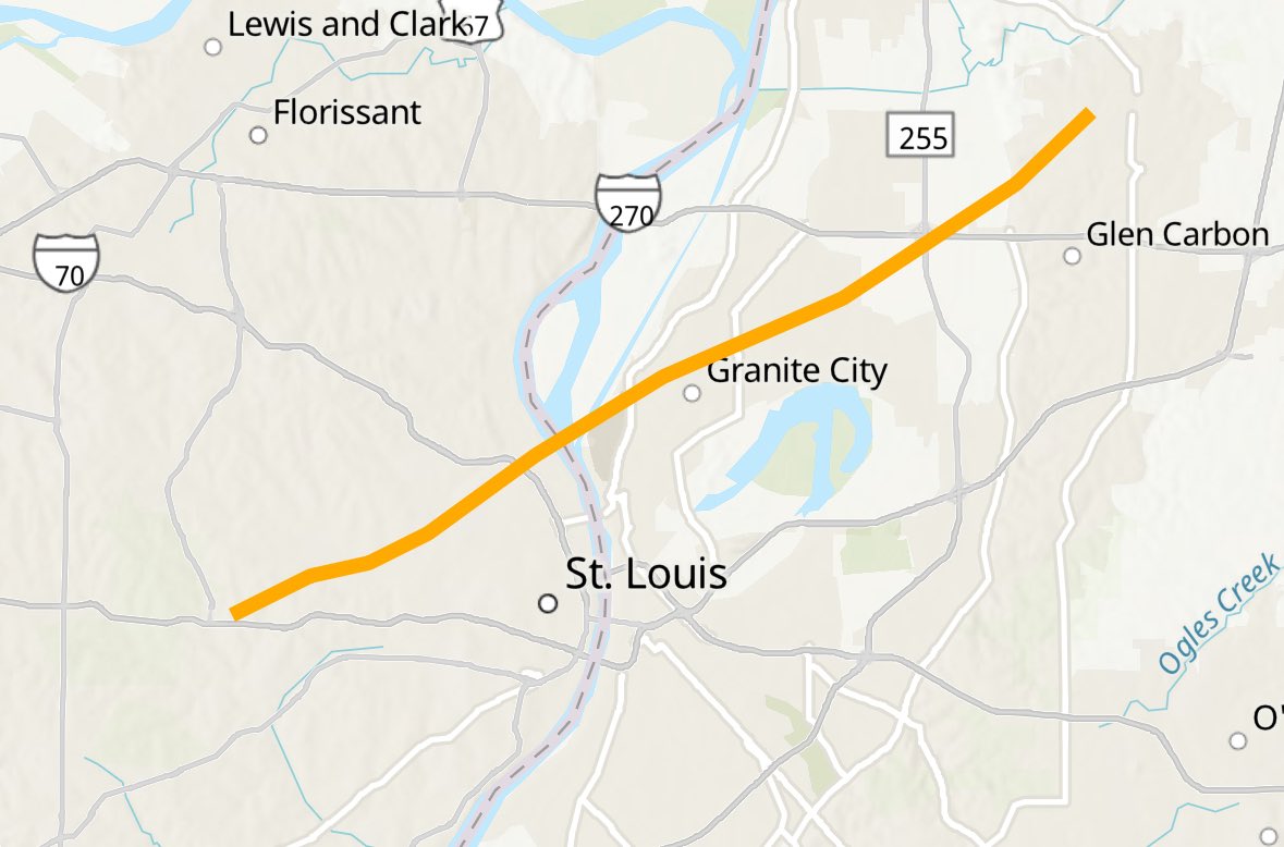 Friday tornado was 22.6 miles long &amp; at its widest was a huge 1 mile wide.  Starting in Clayton it crossed the far north side of Forest Park, then North City, then across the river into Granite City ending near SIUE in Edwardsville.
Highest damage rating EF 3, max winds 152 mph