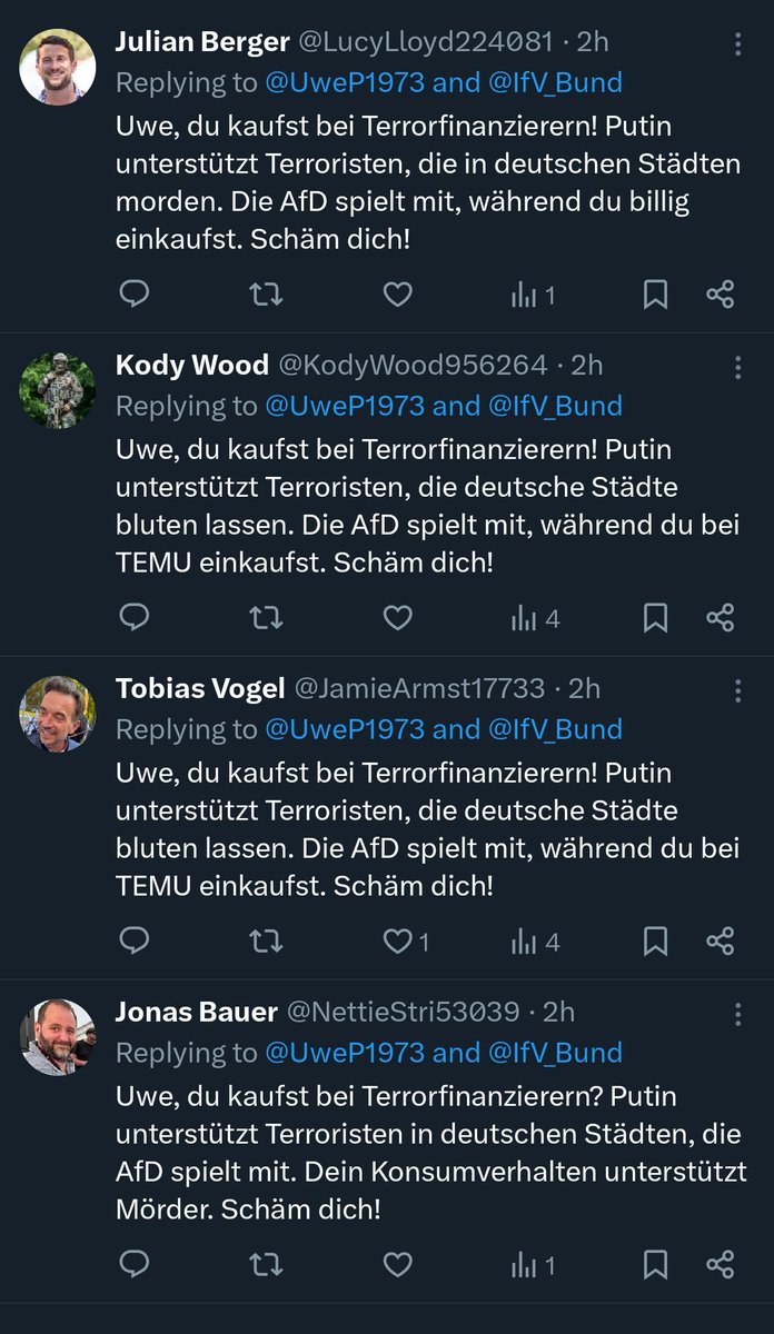 Es gibt auch Pro-West Bots, nicht nur solche aus Russland oder China. 

Kontext: jemand hat in den Kommentaren Temu gelobt, das waren die Antworten. 

Sehr interessant. "Wir" machen das also auch huh ...