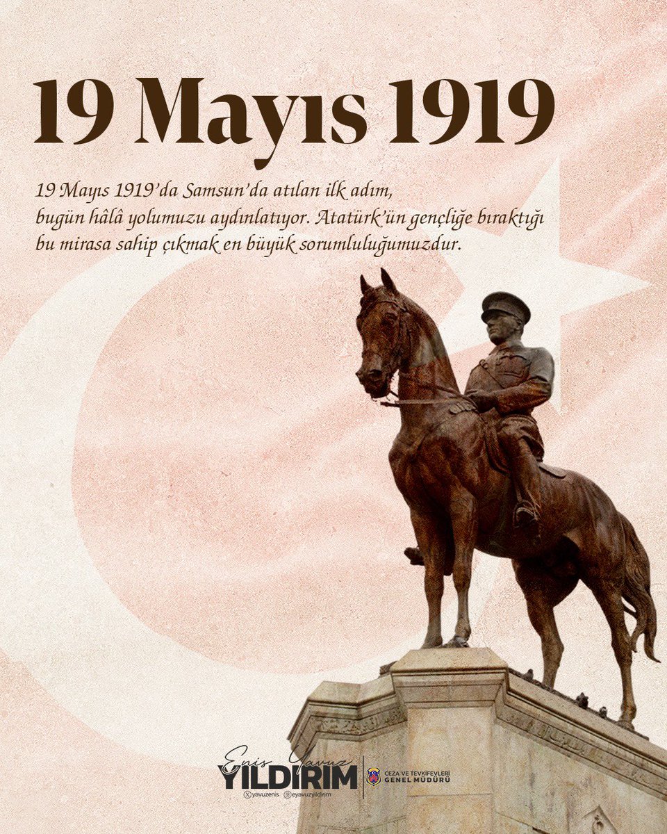 #19Mayıs, yalnızca bir tarih değil; bir milletin ayağa kalkışının, gençliğe olan sonsuz güvenin adıdır.

Gazi Mustafa Kemal Atatürk’ü ve silah arkadaşlarını saygıyla anıyor, gençliğimizin bayramını gururla kutluyoruz. 🇹🇷