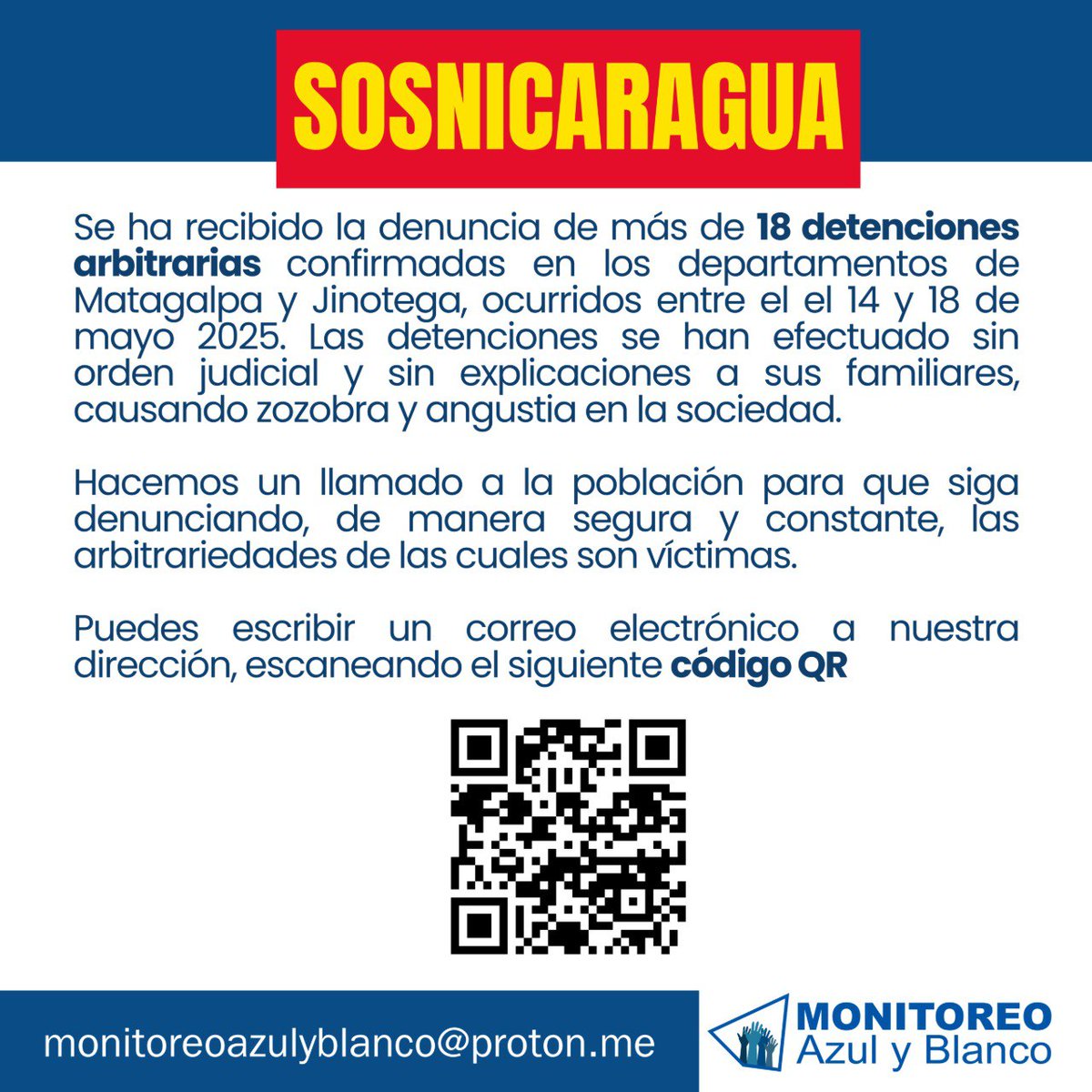 🚨ALERTA NICARAGUA La dictadura se encuentra en operativos de secuestros en el norte del país. Denuncia de manera segura, a través de nuestro corre electrónico.  #LaRepresiónTieneQueParar #SOSNicaragua #LibertadYa