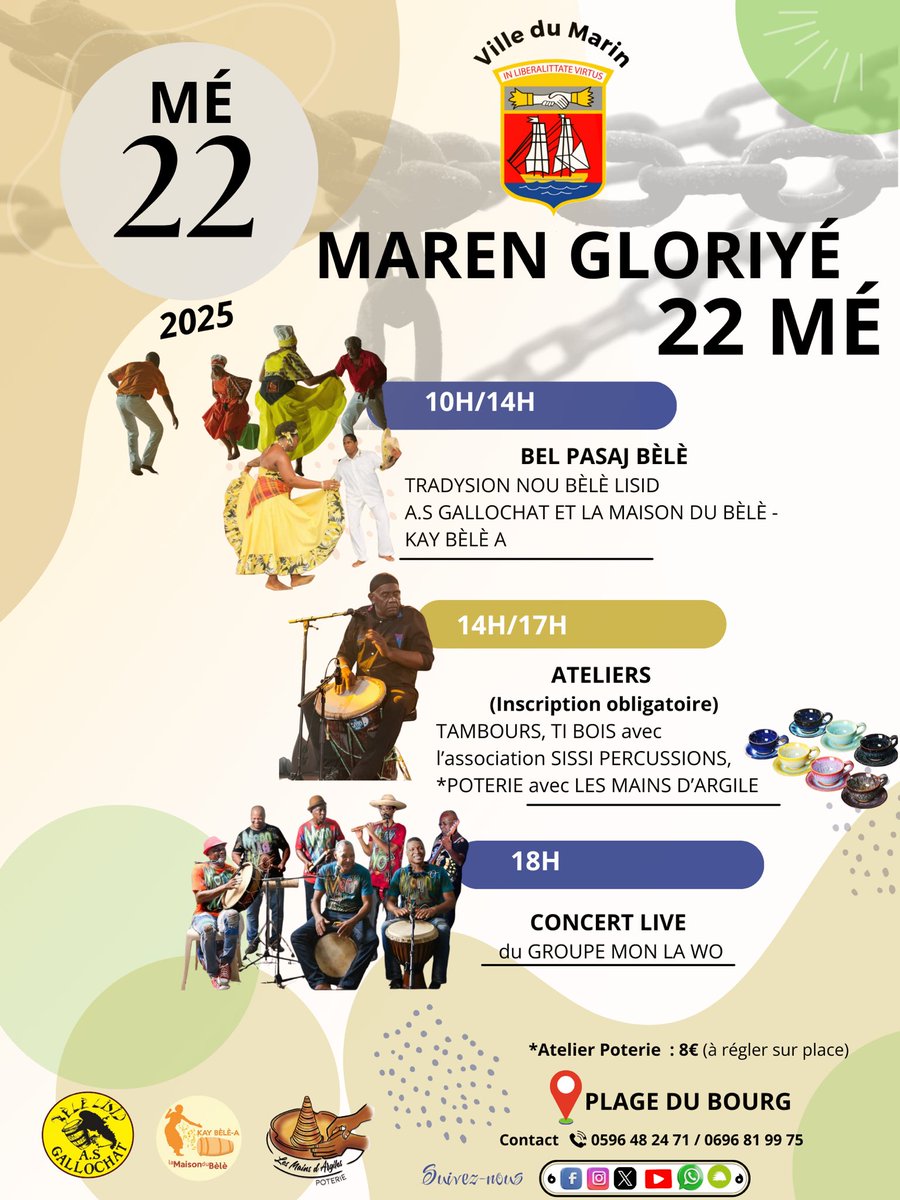 [Maren Gloriyé – 22 Mé 2025]

À l’occasion de la commémoration du 22 mai, la Ville du Marin vous invite à une journée de transmission, de culture et de mémoire vivante sur la plage du Bourg.
📞 0596 48 24 71 / 0696 81 99 75