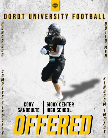 Cody Sandbulte (@codysandbulte) on Twitter photo Had a great time competing at Dordt football camp yesterday and was blessed to receive an offer after a good conversation with <a href="/coach_penner/">Joel Penner</a> to play there. #AGTG Had a great time competing at Dordt football camp yesterday and was blessed to receive an offer after a good conversation with <a href="/coach_penner/">Joel Penner</a> to play there. #AGTG