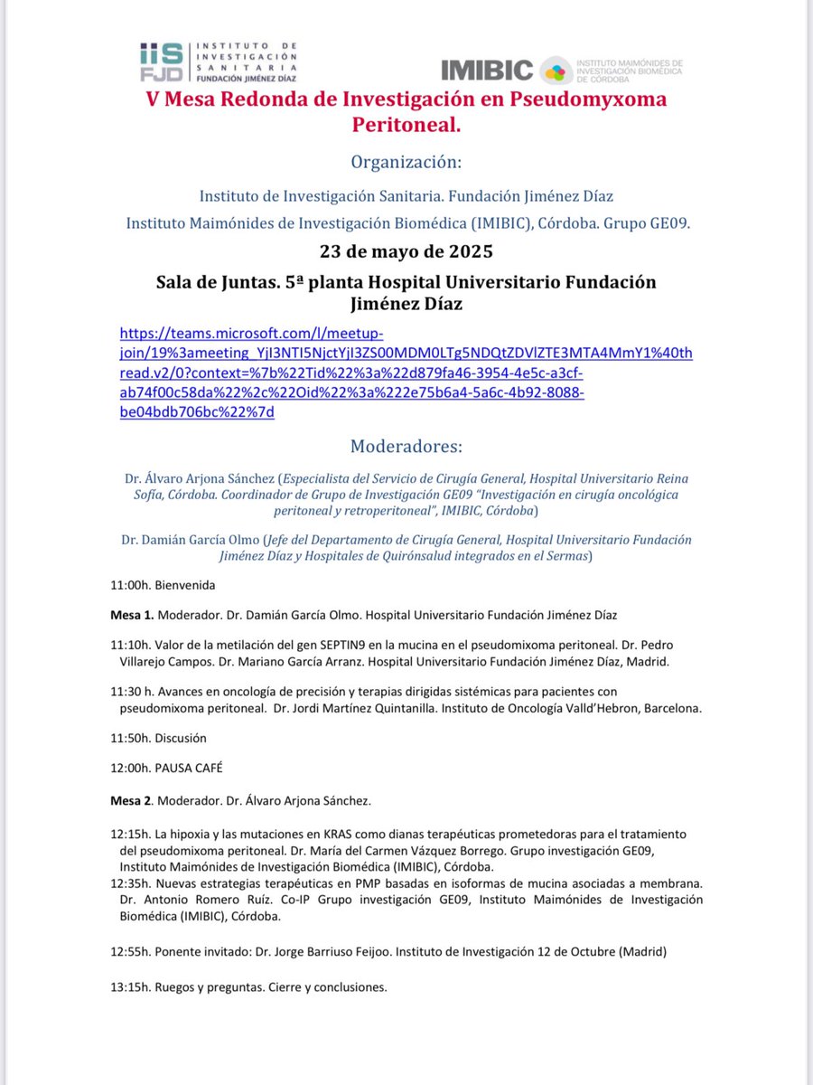 Alvaro Arjona (@alarjosan) on Twitter photo Este viernes 23 celebramos la V mesa investigación en PMP , adjunto programa con link gratuito <a href="/GarciaOlmoD/">Damian Garcia-Olmo, Professor of Surgery</a> <a href="/APeritoneum/">Asociación Peritoneum</a> <a href="/operarelcancer/">SEOQ | Los cirujanos del cáncer #operarelcancer</a> <a href="/aecirujanos/">aecirujanos</a> <a href="/ContraCancerEs/">Asociación Española Contra el Cáncer</a> <a href="/fjimenezdiaz/">FundacionJiménezDíaz</a> <a href="/IMIBIC/">IMIBIC</a> <a href="/GrupoTTD/">Grupo Español de Tratamiento de Tumores Digestivos</a> <a href="/NewsJellybelly/">News (PMP) Pseudomyxoma Peritonei Appendix Cancer</a> <a href="/acpmpresearch/">Appendix Cancer PMP Research Foundation</a> Este viernes 23 celebramos la V mesa investigación en PMP , adjunto programa con link gratuito <a href="/GarciaOlmoD/">Damian Garcia-Olmo, Professor of Surgery</a> <a href="/APeritoneum/">Asociación Peritoneum</a> <a href="/operarelcancer/">SEOQ | Los cirujanos del cáncer #operarelcancer</a> <a href="/aecirujanos/">aecirujanos</a> <a href="/ContraCancerEs/">Asociación Española Contra el Cáncer</a> <a href="/fjimenezdiaz/">FundacionJiménezDíaz</a> <a href="/IMIBIC/">IMIBIC</a> <a href="/GrupoTTD/">Grupo Español de Tratamiento de Tumores Digestivos</a> <a href="/NewsJellybelly/">News (PMP) Pseudomyxoma Peritonei Appendix Cancer</a> <a href="/acpmpresearch/">Appendix Cancer PMP Research Foundation</a>
