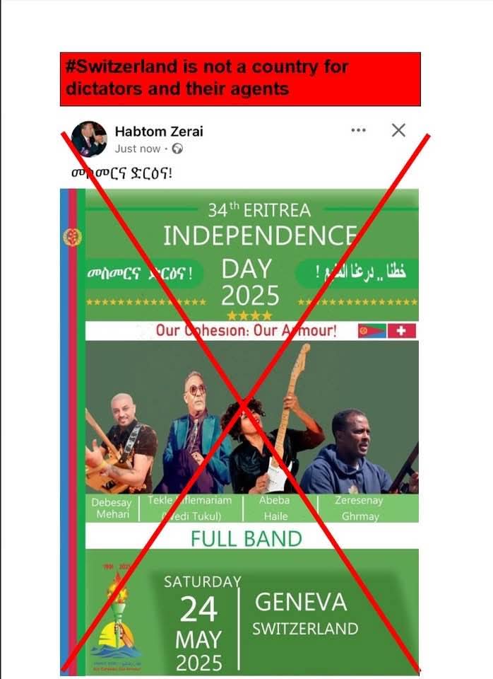 DendenG_019's tweet photo. L’Erythrée est l’une des dictatures les plus brutales au monde. Cette "fête" est un cheval de Troie: propagande, collecte illégale de fonds, intimidation politique. Genève ne doit pas devenir une scène de manipulation autoritaire.
#TransnationalRepression 
@SEMIGRATION @tdgch https://t.co/how5FPli4E