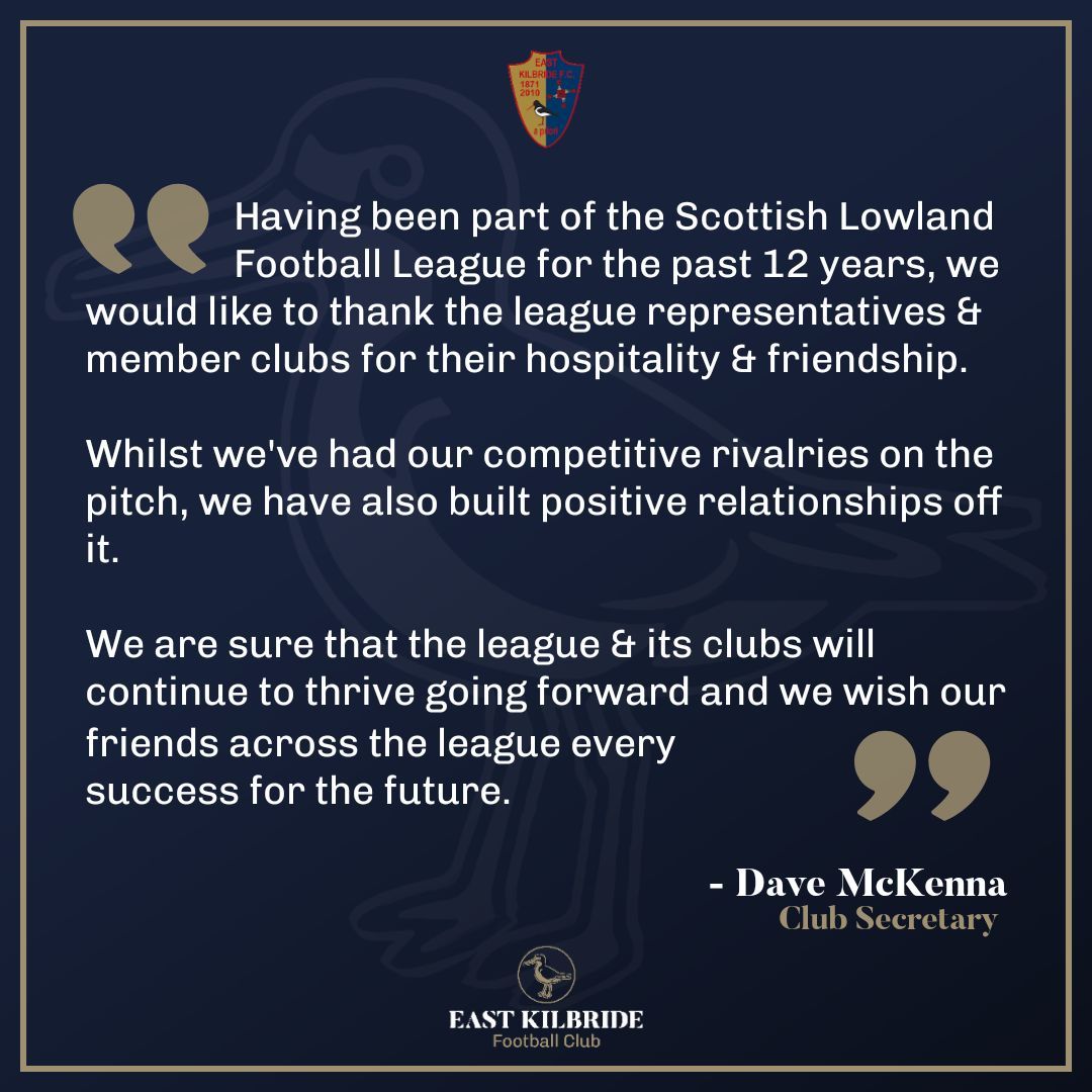East Kilbride FC (@officialekfc) on Twitter photo On behalf of East Kilbride Football Club, Dave McKenna extends a message of gratitude to everyone associated with the <a href="/OfficialSLFL/">The Park’s Motor Group Scottish Lowland League</a> & the opponents we have faced over the years.
#wEKeptgoing | #WeRiseTogether On behalf of East Kilbride Football Club, Dave McKenna extends a message of gratitude to everyone associated with the <a href="/OfficialSLFL/">The Park’s Motor Group Scottish Lowland League</a> & the opponents we have faced over the years.
#wEKeptgoing | #WeRiseTogether