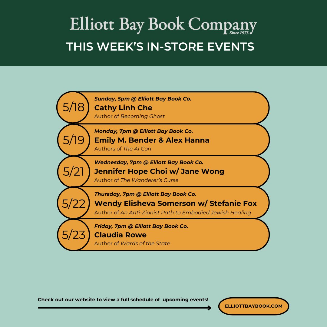 ElliottBayBooks's tweet image. Check out our in-store and offsite events happening this week! ⤵️
#seattleevents #indiebookstore #elliottbaybookcompany