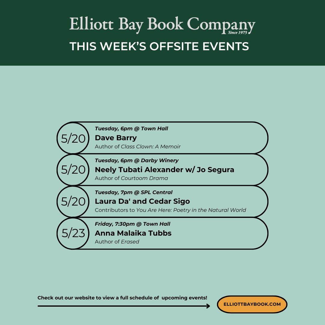 ElliottBayBooks's tweet image. Check out our in-store and offsite events happening this week! ⤵️
#seattleevents #indiebookstore #elliottbaybookcompany