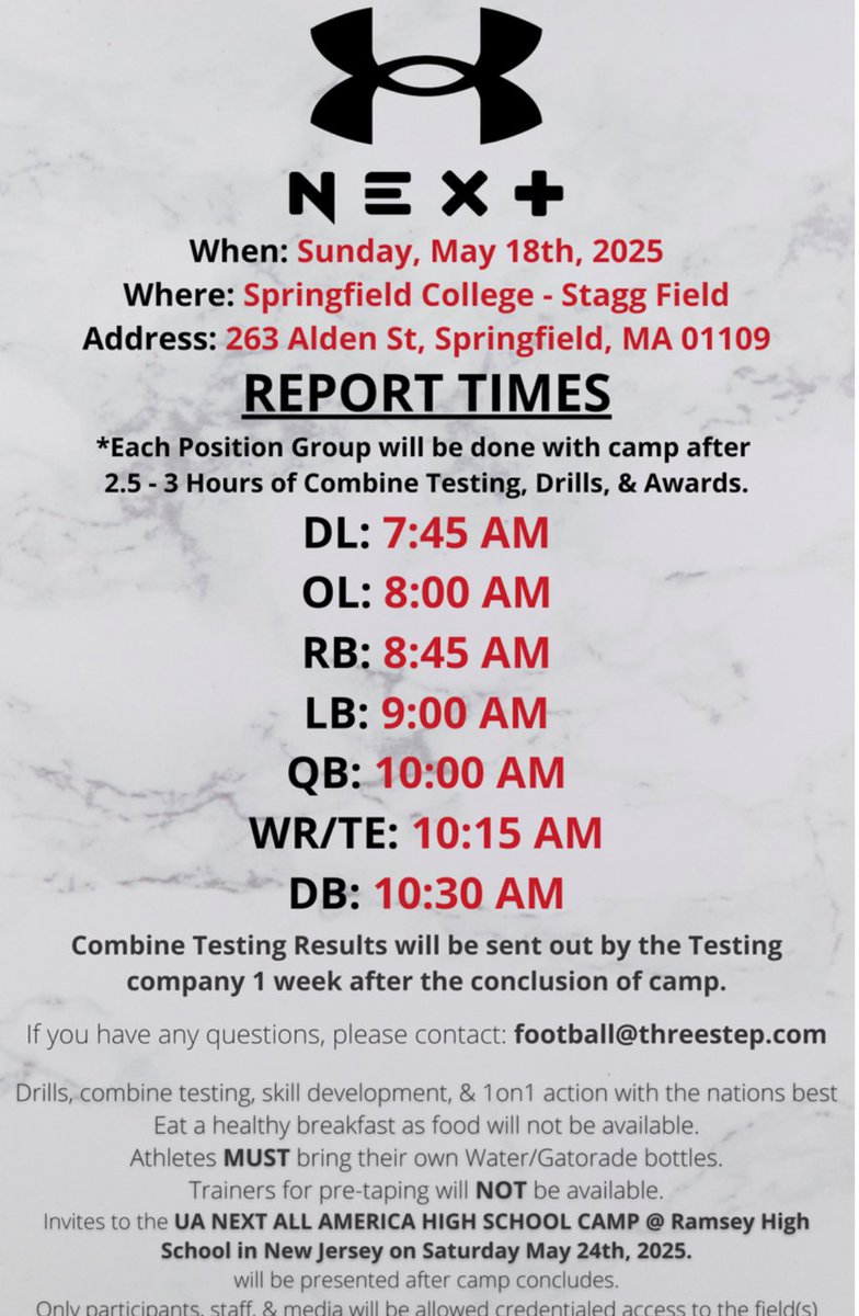 I had a great time competing at the Under Armour Next Combine today at Springfield college! 

<a href="/ScoutingNE/">Coach Silva</a> <a href="/PRZNewEngland/">Prep Redzone New England</a> <a href="/KeoghsQBAcademy/">Keogh’sQBAcademy</a> <a href="/NxgnCamps/">NXGN Camps, Inc</a> <a href="/UANextFootball/">All-America Game</a> <a href="/_SCFootball/">Springfield Football</a> <a href="/247recruiting/">247Sports Recruiting</a>