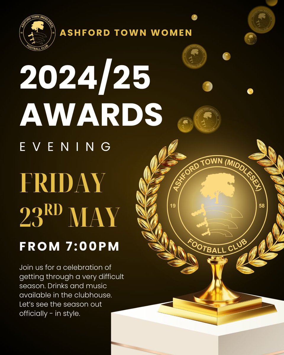 AshfordTownWFC's tweet image. 🏆 2024/25 | Awards Evening
This coming Friday we officially close out the season.
Celebrating the positives from a very tough season on and off the pitch. Starting from 7pm at the RPS in the clubhouse, and outside in the sunshine ☀️ 
Drinks and music plus the end of season…