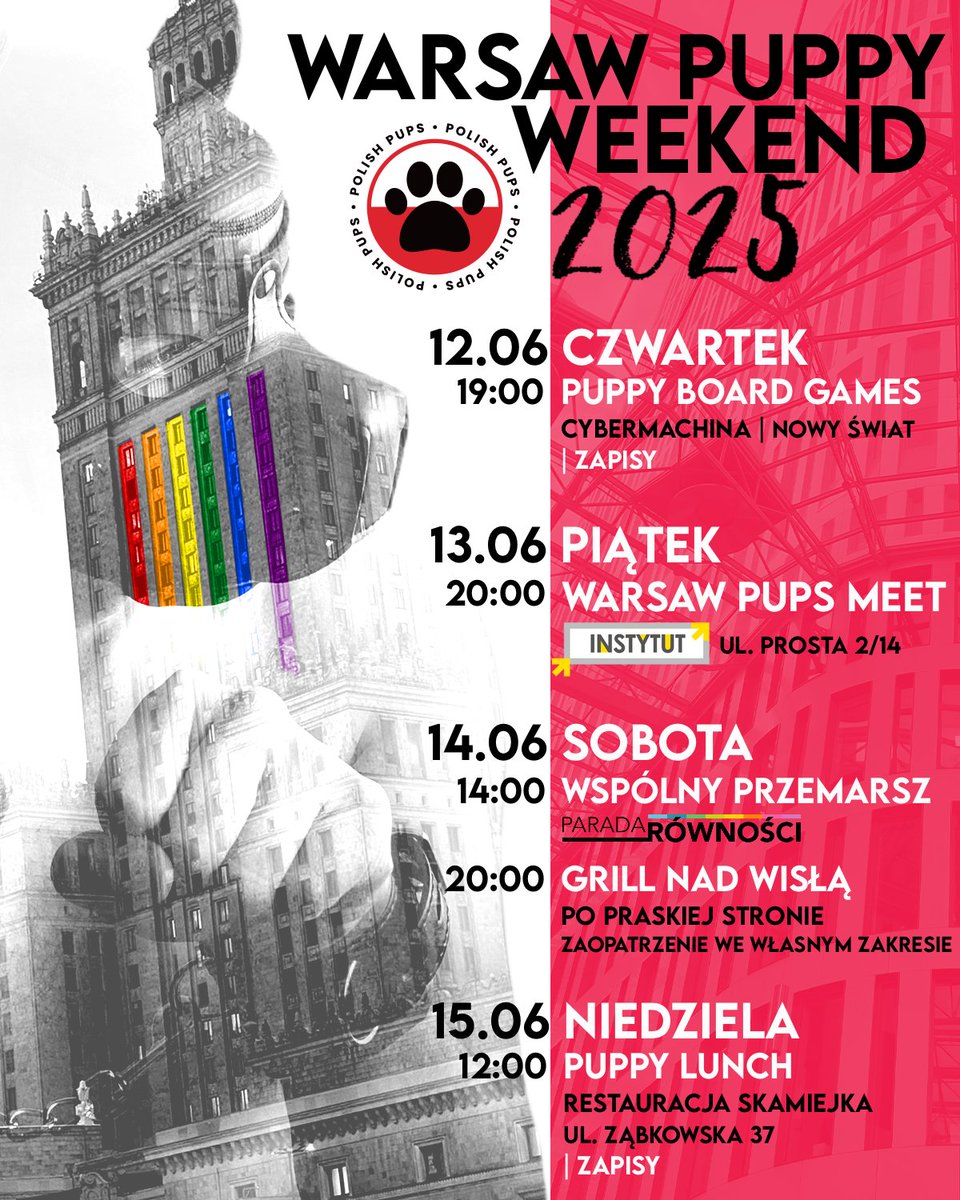 Przedstawiamy Wam program #WarsawPuppyWeekend 2025. Widzimy się już za niecały miesiąc. Zapisy na czwartek oraz niedzielę rozpoczną się od poniedziałku 19.05. Kto pierwszy ten lepszy - liczba miejsc ograniczona!
#lgbtpup #lgbtqiapup #humanpup #abdlpup #pupplaycommunity #puppyplay