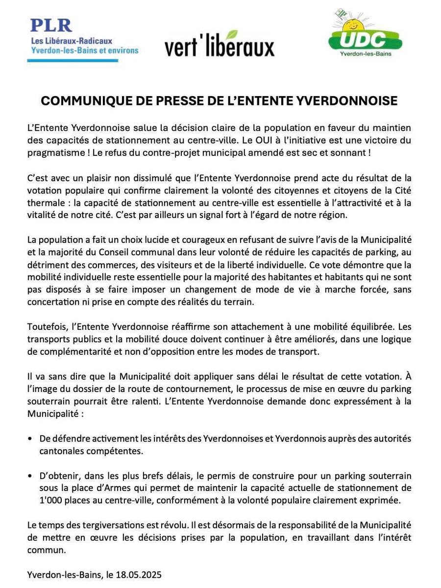 Ma_Bernhard's tweet photo. Un tout grand merci aux Yverdonnoises et Yverdonnois d’avoir dit OUI à l’initiative sur le parking souterrain, et NON au contre-projet municipal amendé ! 🙌 🗳️ 🙌
#PLR #UDC #PVL #LeCentre https://t.co/eYgXNoQku1