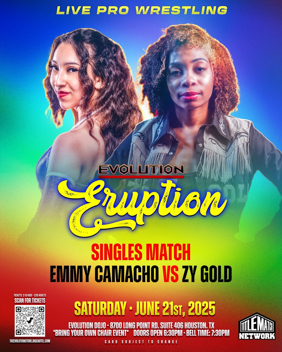 💥 JUNE 21 AT H-TOWNS DOJO
OUR 2ND MATCH ANNOUNCEMENT WILL BE ZY GOLD 🤩 VS EMMY CAMACHO 💥 

📍 Evolution Dojo, Houston Tx 
📅 JUNE 21  
🔔 7:30 PM 
📺 @titlematchnetwork
🎟️ on sale now 
theevolutionstore.bigcartel.com 

#wrestling#prowrestling#houstonwrestling#evolutiondojo#LuchaLibre#