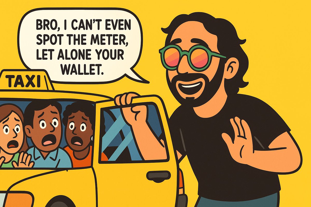 MyBlindTales's tweet photo. Flagged a cab, swung the door open… surprise, it was already full. They thought I was robbing them "bro, I can’t even spot the meter, let alone your wallet." #BlindHumor #Relatable #EpicFail #MondayMood #Comedy #Oops https://t.co/gqp5ZYE8LK