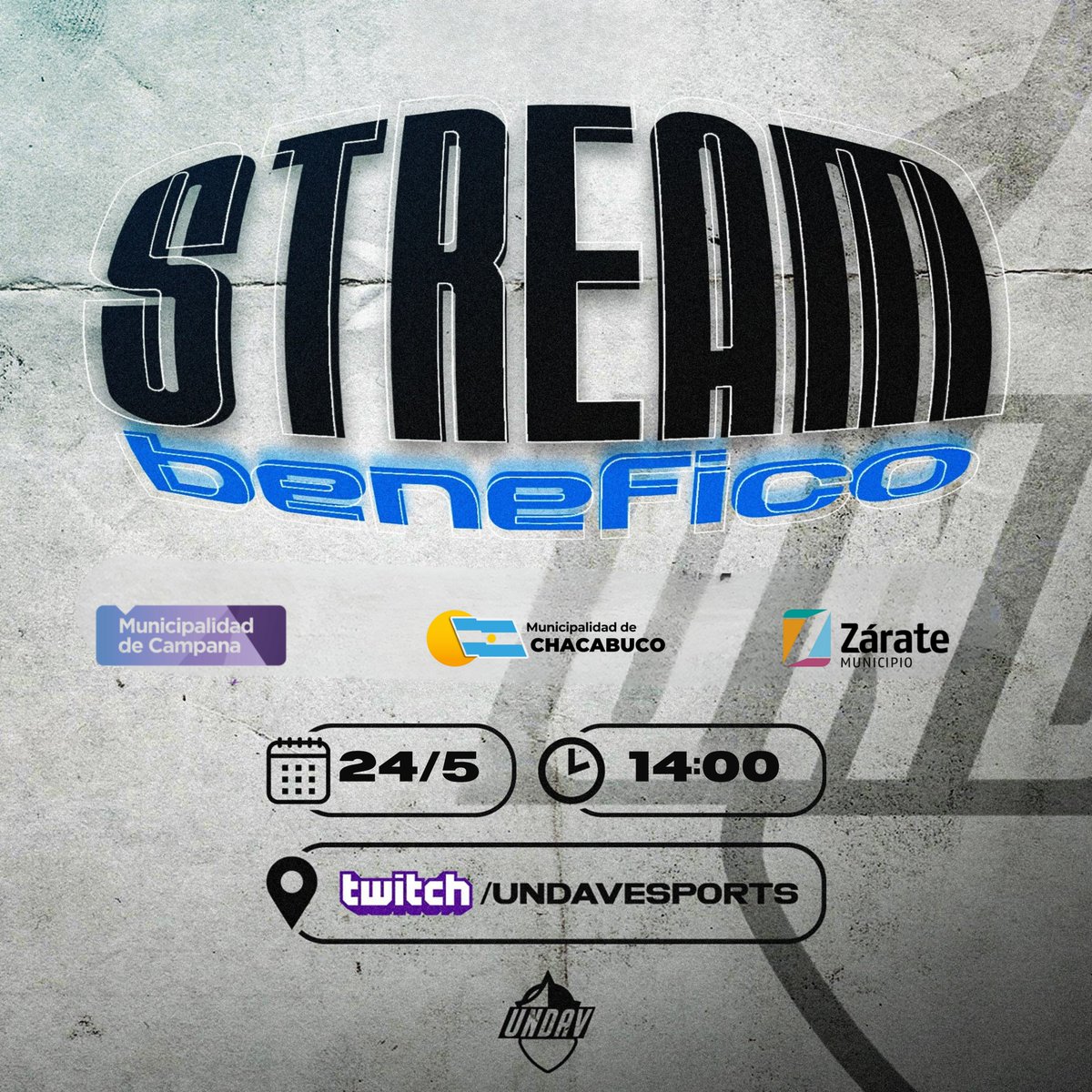 ¡Nuevo Stream Solidario! 💙 Este Sabado 24 de MAYO a las 14 hs, te esperamos en Twitch (

<a href="/undavesports/">UNDAV ESPORTS</a>
) para una transmisión en vivo especial con muchos invitados. Nuestro objetivo: recaudar fondos para ayudar a las víctimas de la inundación en Campana, Zarate &amp; Chacabuco