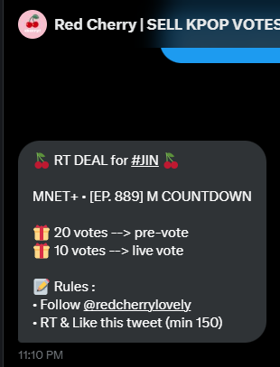 143BTS_MyWorld's tweet photo. Army plz help🙏💜.Need 150 RT &amp; Like for this tweet to win 20 pre-votes &amp; 10 live votes for Jin.

🍒 RT DEAL for #Jin 🍒

MNET+ • [EP. 889] M COUNTDOWN

🎁 20 votes --> pre-vote
🎁 10 votes --> live vote

📝 Rules :
• Follow @redcherrylovely 
• RT &amp; Like this tweet (min 150) https://t.co/CTU9Jk63JN