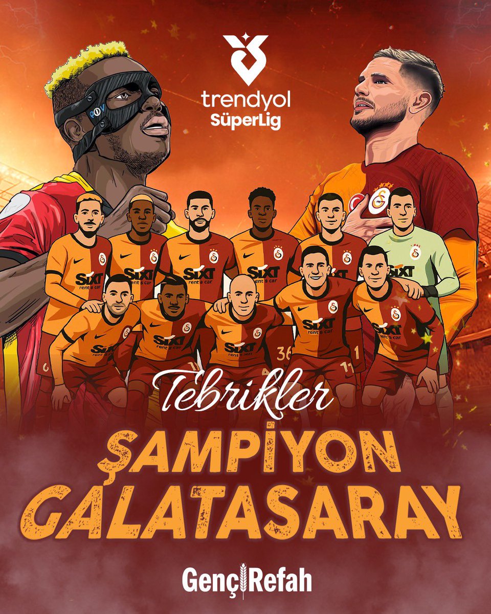 Trendyol Süper Lig 2024-2025 Sezonu Şampiyonu olan Galatasaray’ı, taraftarını ve tüm camiasını tebrik ediyoruz 🏆