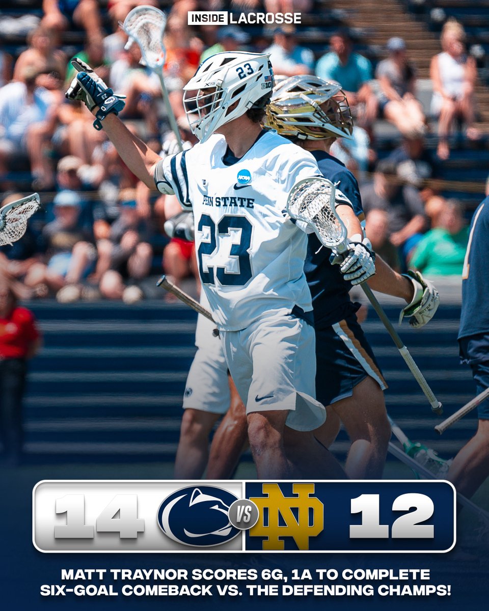 FINAL
No. 5-seeded <a href="/PennStateMLAX/">Penn State Men’s Lacrosse</a> TAKES DOWN THE CHAMPS!

THE NITTANY LIONS ARE HEADED TO GILLETTE!

Down 12-6 in the third quarter, Matt Traynor's 6G, 1A leads the Penn State comeback to advance to Championship Weekend.