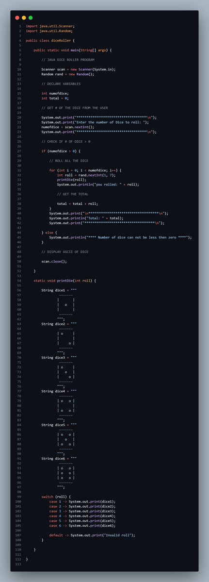 uchityadav2004's tweet image. Day 4 of my Java Core journey!🎲Learnt about the Random class and created this cool dice roller program. It rolls multiple dice and shows ASCII art for each roll. Used Scanner, loops, and methods too. Any feedback or ideas to improve? #Java #JavaCore #LearnInPublic #100DaysOfCode