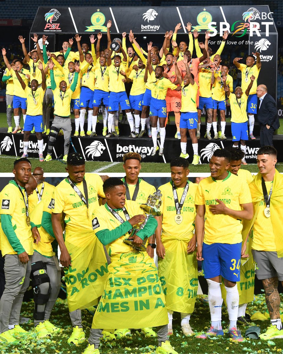 🏆 ℂℍ𝔸𝕄ℙ𝟙𝟝ℕ𝕊 🏆

Mamelodi Sundowns lift a record-extending 15th Premier Soccer League title, and are the first to get their hands on the brand new #BetwayPrem trophy.

#SABCSportFootball