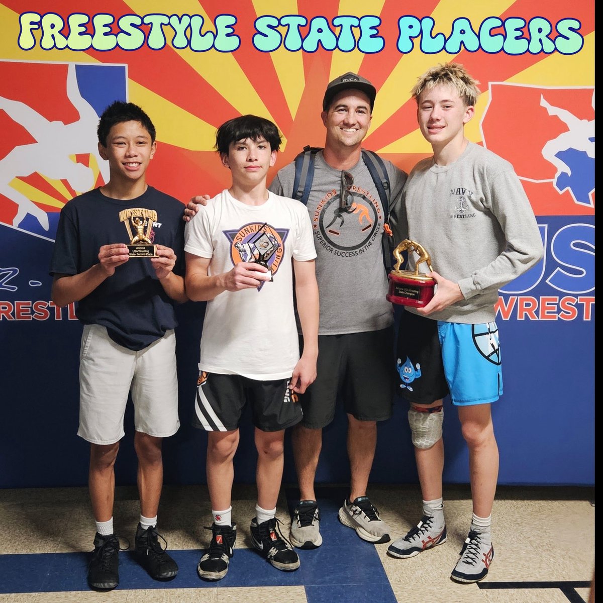 Congratulations to our Sunkids/Perry placer winners this weekend at the USA Freestyle AZ State tournament at Desert Vista High School. 

State Champion 
Jace Briquelet 
2nd 
Nixon Dayao 
Drake Corbin 
4th 
Ethan Arce 
Baron Vaughn 
Texas Muth
6th
Brayden Graves
