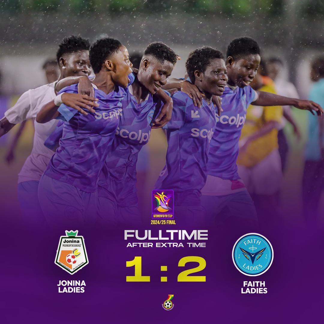 Full Time

Faith Ladies are winners of the 2024/2025 women’s F.A cup!

<a href="/JoninaFc/">Jonina Ladies Football Academy</a> 1:2 <a href="/FaithLadiesWFC/">Faith Ladies FC</a> 

Let’s go Ghana 🇬🇭⚽️

#WomenFootballFestival
 #SheDidThat 
#Ɛhʋoooo
