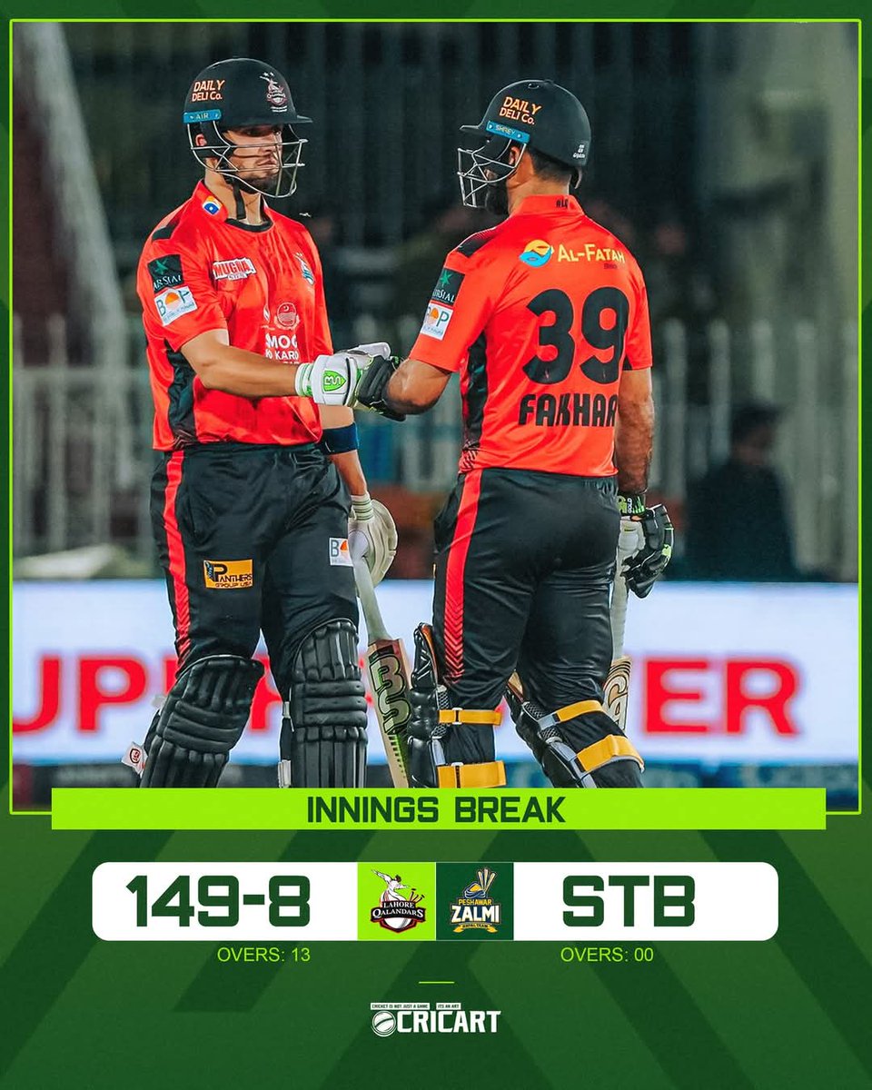 thecricart's tweet photo. Lahore Qalandars smash 149 in 13 overs! Can Zalmi pull off the chase and stay alive in the playoff race? 
#HBLPSLX #PZvLQ https://t.co/LLTkQayjvF