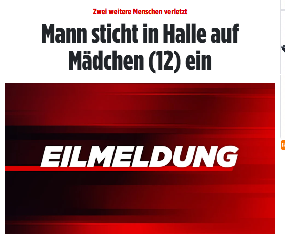 #Halle: Zwei weitere Menschen verletzt! Drei Personen haben Stichverletzungen. Ein Augenzeuge will gesehen haben, wie ein Mann mit einem großen Messer auf mehrere Kinder losging, die vor dem Hauseingang gesessen haben. bild.de/regional/halle…