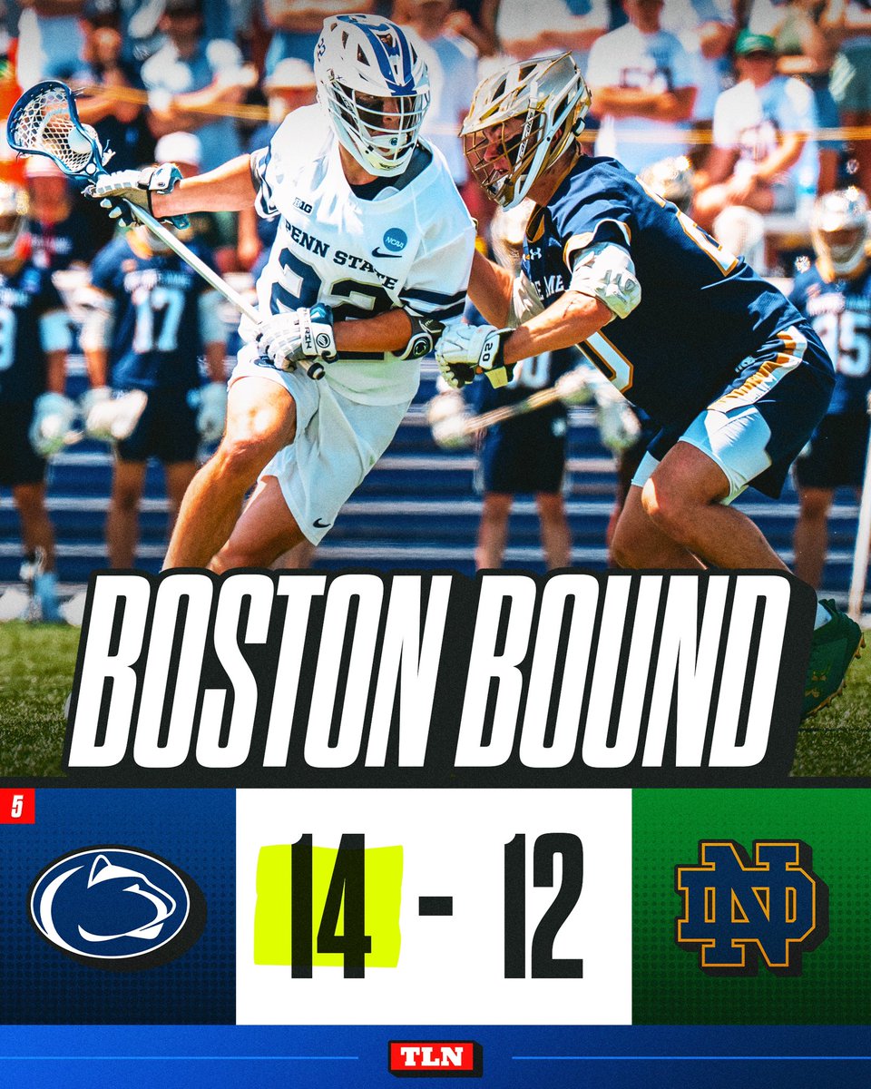 LacrosseNetwork's tweet photo. DOWN GOES NOTRE DAME!!! 😱🚨

@PennStateMLAX scores 8 STRAIGHT GOALS to take down the back-to-back defending National Champions @NDlacrosse https://t.co/lhv4cWkdQH