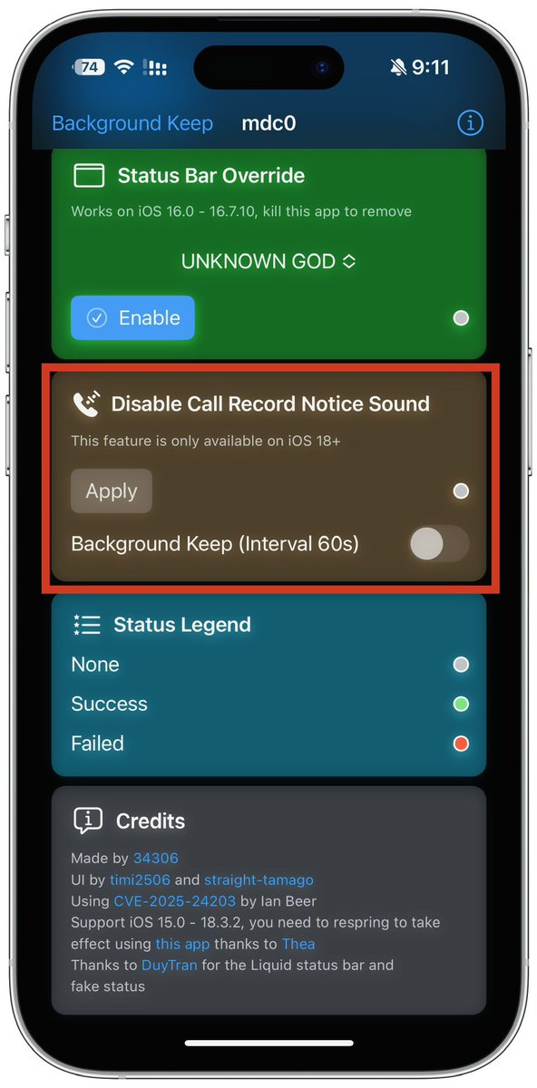 ios8me's tweet image. إذا كنت تستخدم iOS 18 - 18.3.2 وميزة تسجيل المكالمات مفعّلة عندك

الآن بإمكانك حجب التنبية الذي يوضح انك تقوم بتسجيل المكالمة لطرف الاخر (:

يعني سجل المكالمة بدون تنبية

عبر تطبيق
dirtyZero
يدوي

github.com/jailbreakdotpa…

أو 
mdc0

github.com/34306/mdc0/rel…